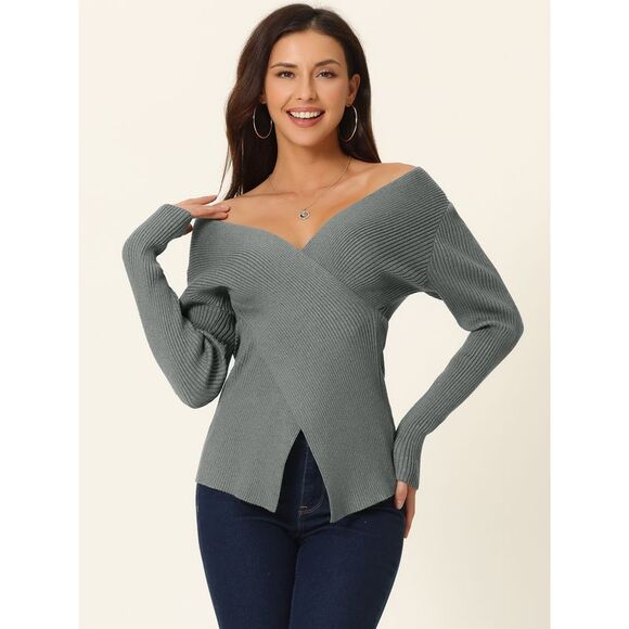 Wrap Fall Winter Ribbed Long Sleeve V Neck Criss Cross Sweater Tops Grey - Picture 2 of 5